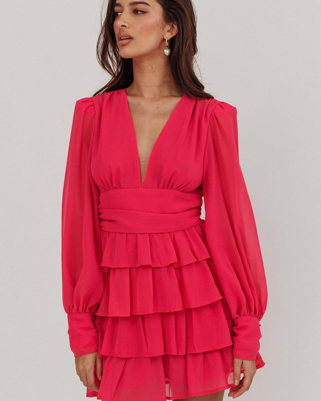 Fuchsia Long Sleeve Ruffle Mini Dress