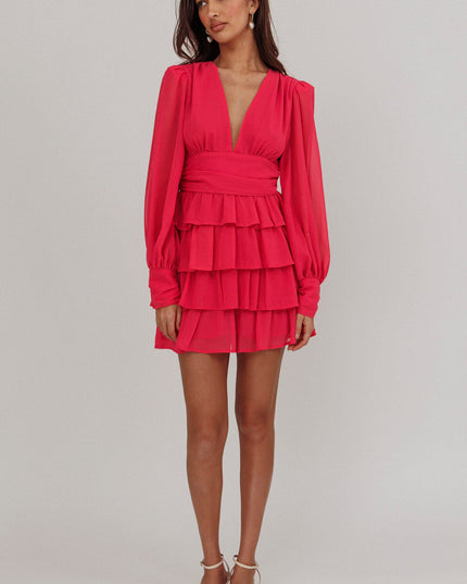 Fuchsia Long Sleeve Ruffle Mini Dress