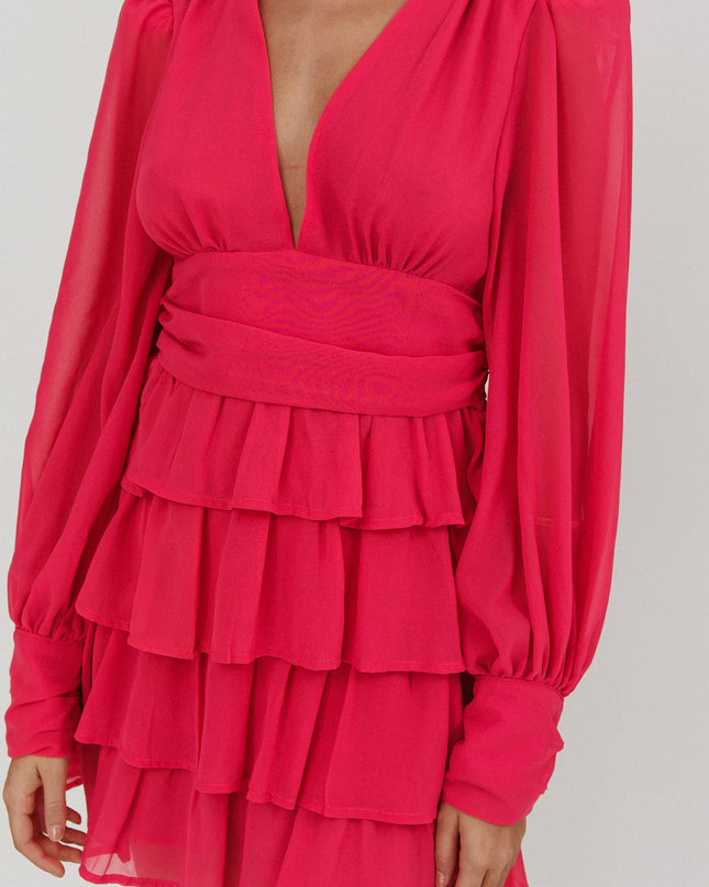 Fuchsia Long Sleeve Ruffle Mini Dress
