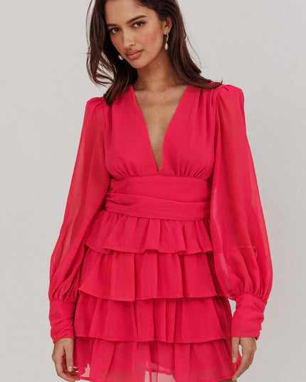 Fuchsia Long Sleeve Ruffle Mini Dress