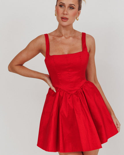 Red Square Neck Flared Mini Dress