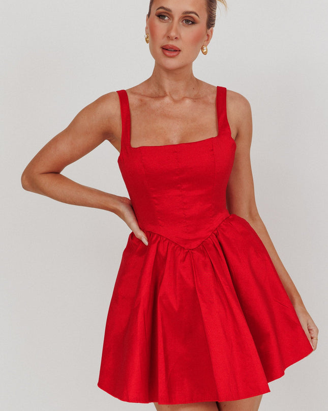 Red Square Neck Flared Mini Dress