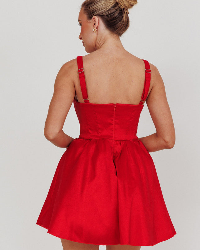 Red Square Neck Flared Mini Dress