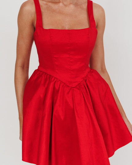 Red Square Neck Flared Mini Dress