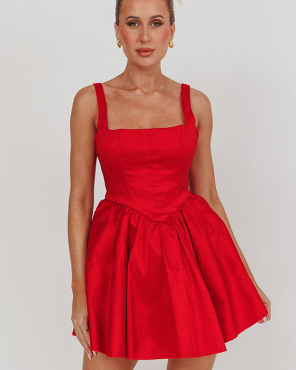Red Square Neck Flared Mini Dress