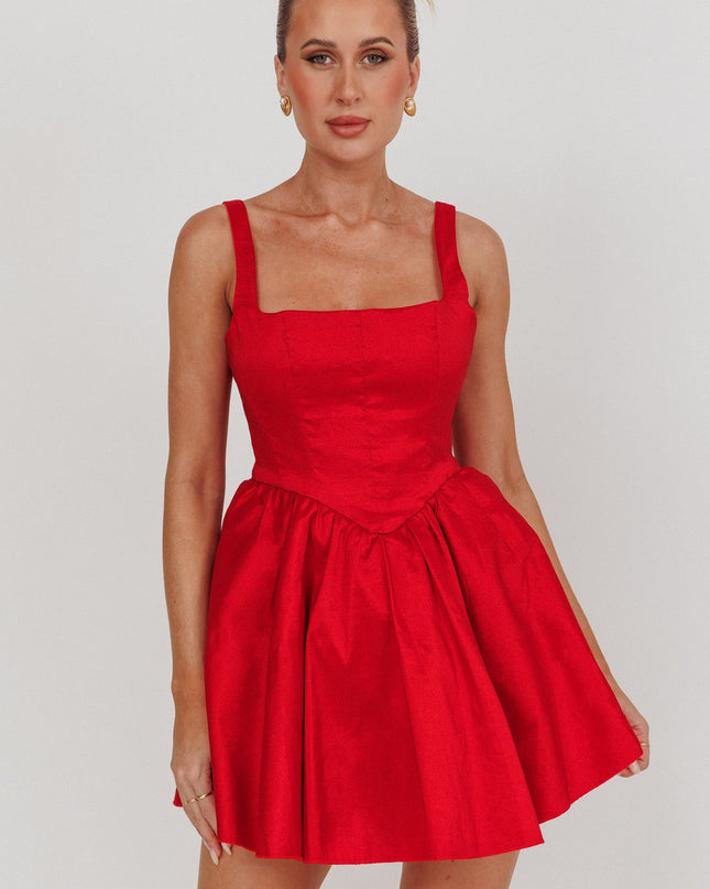 Red Square Neck Flared Mini Dress