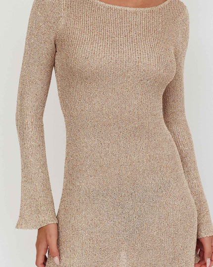 Gold Scoop Back Sequin Knit Mini Dress