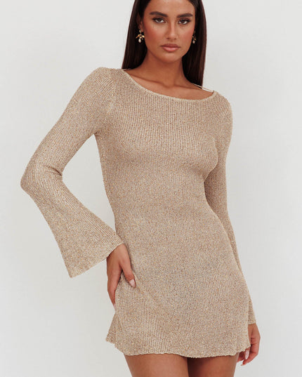 Gold Scoop Back Sequin Knit Mini Dress