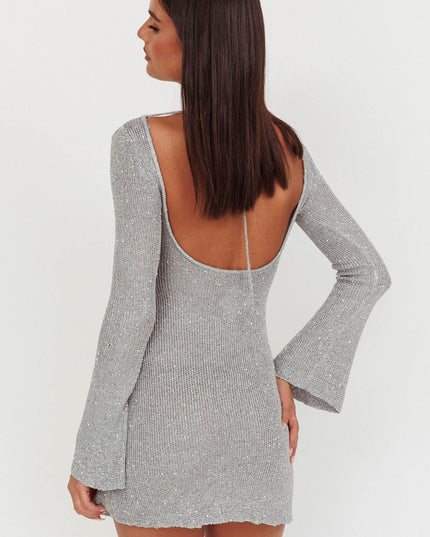 Silver Scoop Back Sequin Knit Mini Dress