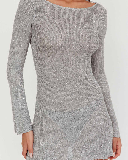 Silver Scoop Back Sequin Knit Mini Dress