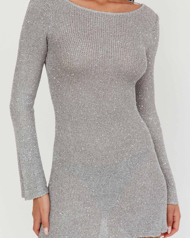 Silver Scoop Back Sequin Knit Mini Dress