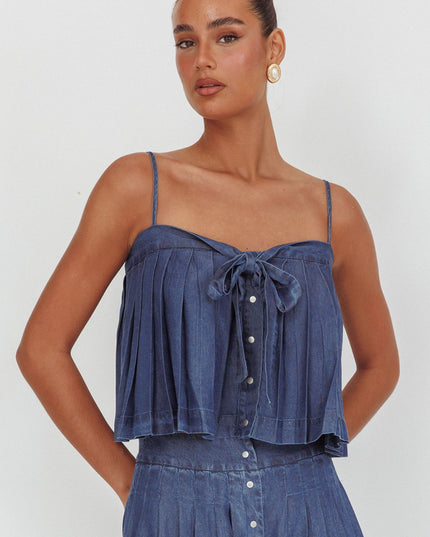 Dark Denim Pleated Tie Top