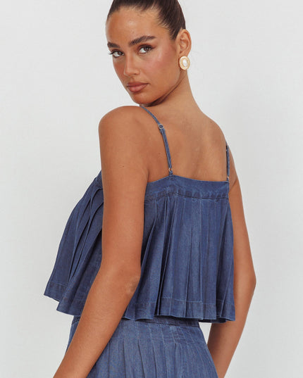 Dark Denim Pleated Tie Top
