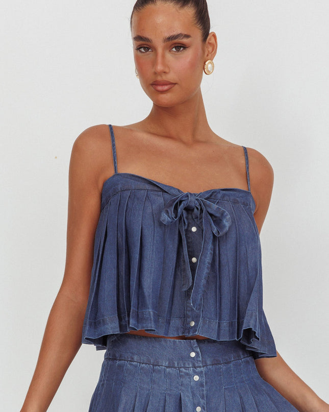 Dark Denim Pleated Tie Top