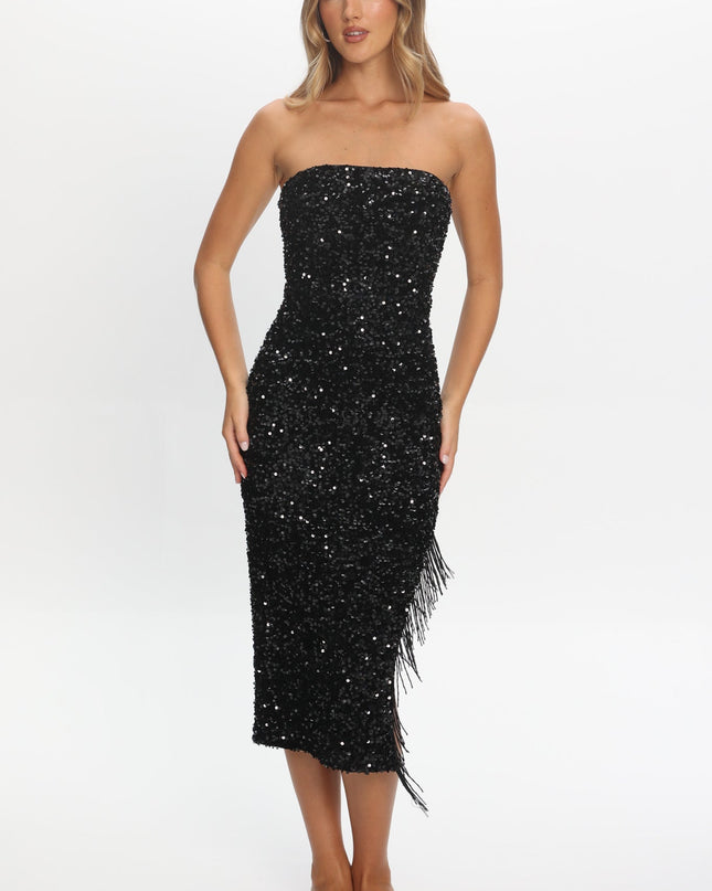 Black Tassel Trim Midi Dress Sequin