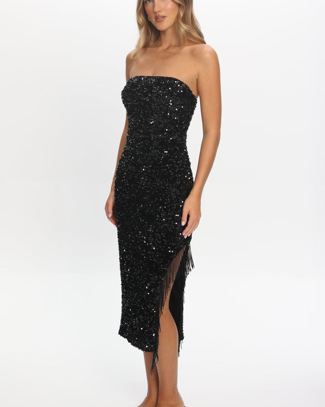 Black Tassel Trim Midi Dress Sequin