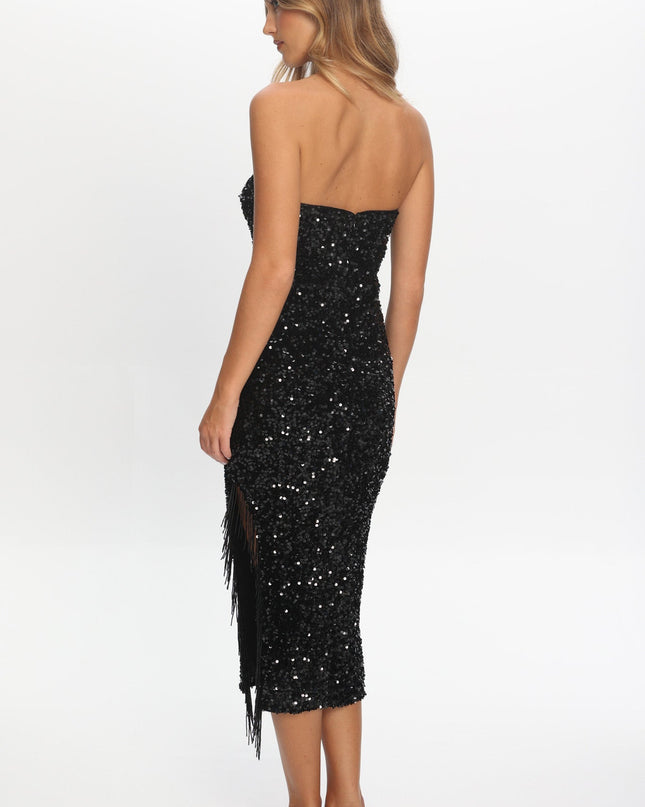 Black Tassel Trim Midi Dress Sequin