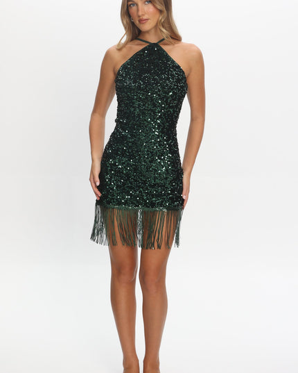 Green Sequin Fringe Mini Dress
