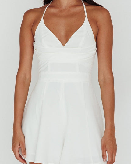 White Lace-Up Back Romper