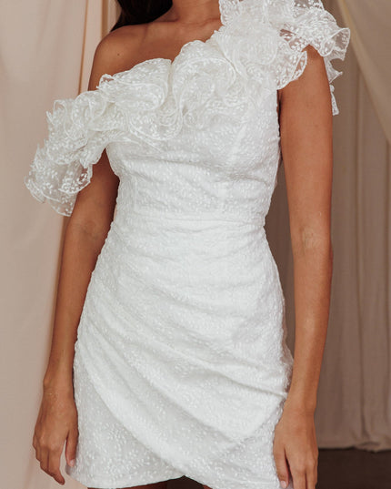 White One-Shoulder Ruffle Mini Dress