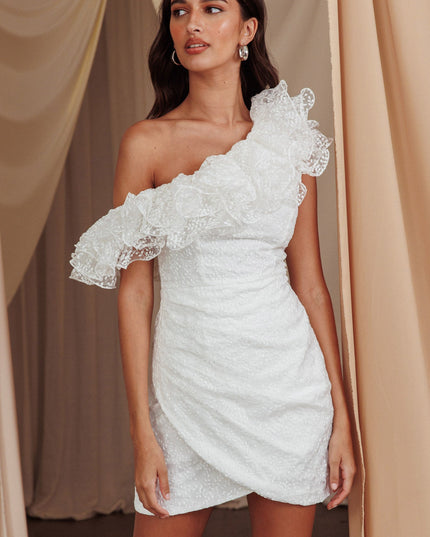 White One-Shoulder Ruffle Mini Dress