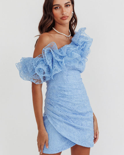 Baby Blue One-Shoulder Ruffle Mini Dress