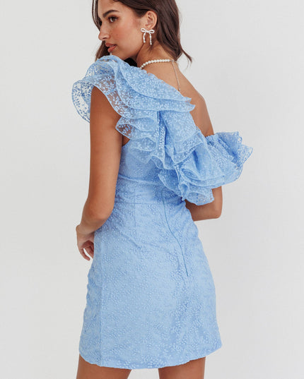 Baby Blue One-Shoulder Ruffle Mini Dress