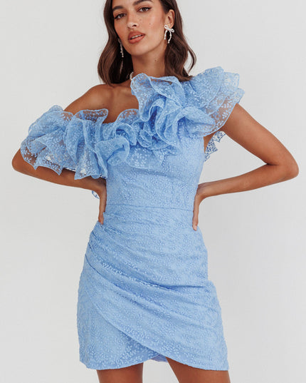 Baby Blue One-Shoulder Ruffle Mini Dress