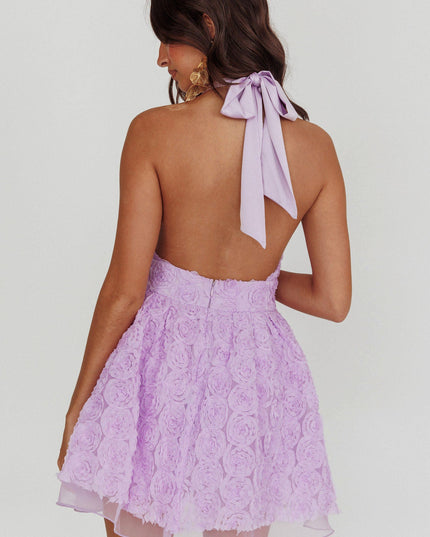 Lavender Halter Neck Rosette Mini Dress
