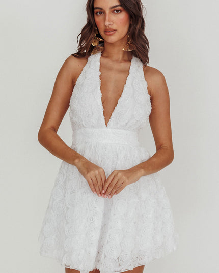White Halter Neck Rosette Mini Dress