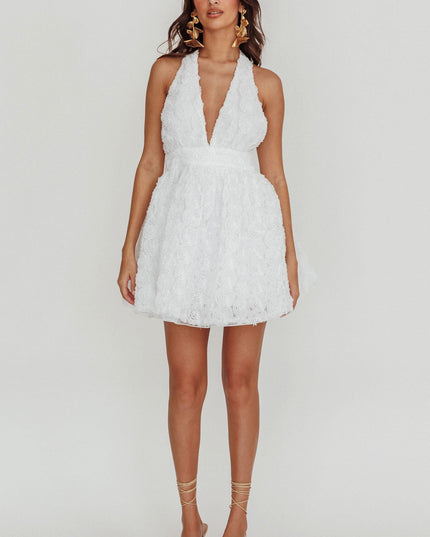 White Halter Neck Rosette Mini Dress