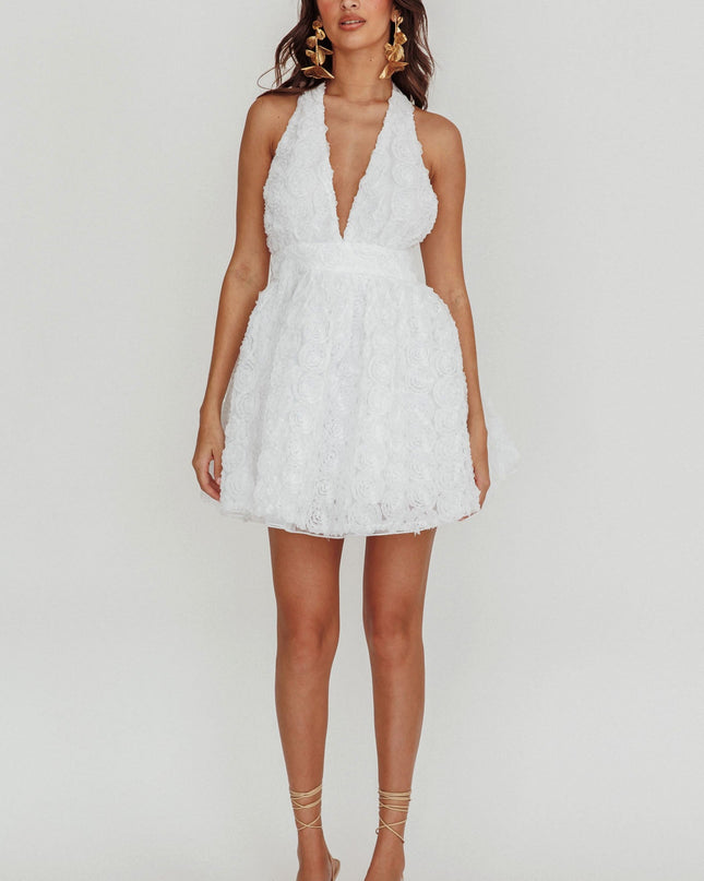 White Halter Neck Rosette Mini Dress