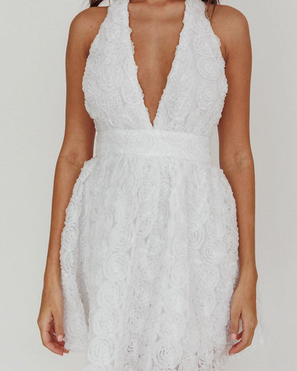 White Halter Neck Rosette Mini Dress