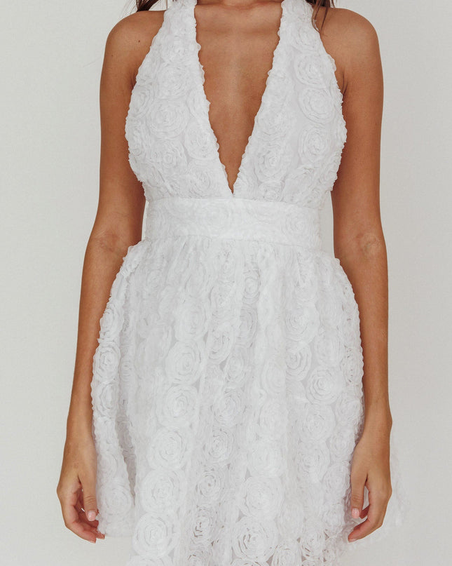 White Halter Neck Rosette Mini Dress