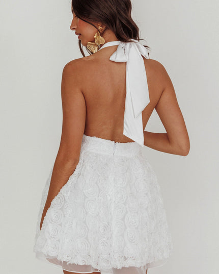 White Halter Neck Rosette Mini Dress