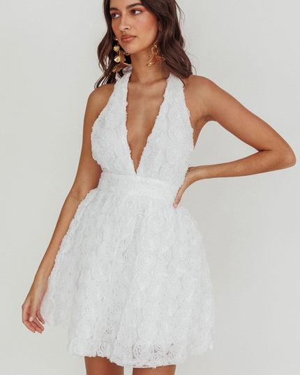 White Halter Neck Rosette Mini Dress