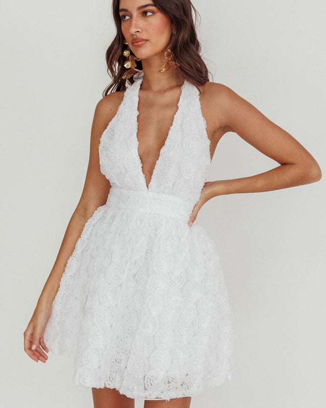 White Halter Neck Rosette Mini Dress