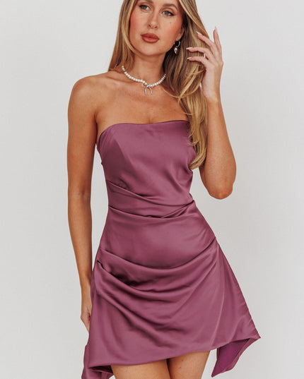 Plum Strapless Ruched Mini Dress