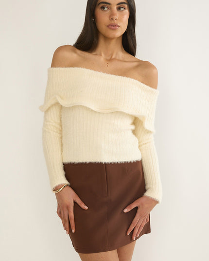 Cream Wide Ruffle Off-Shoulder Top