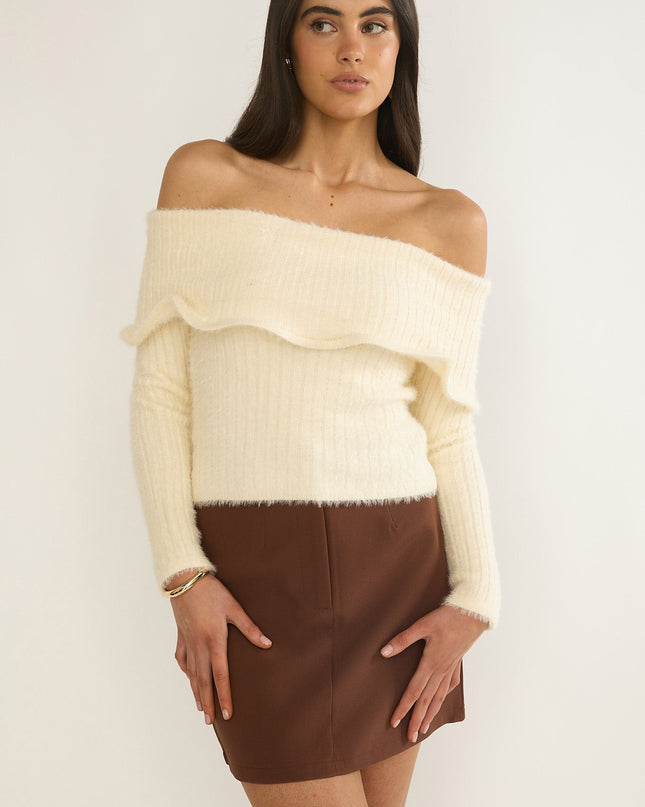 Cream Wide Ruffle Off-Shoulder Top