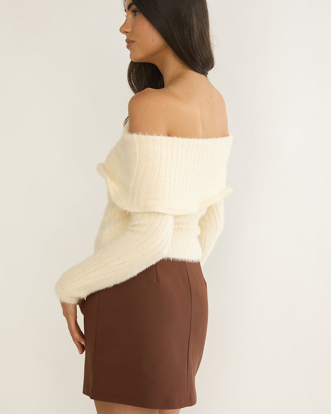 Cream Wide Ruffle Off-Shoulder Top