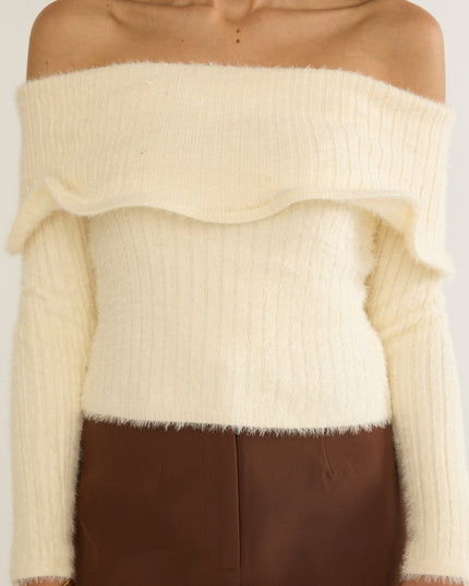 Cream Wide Ruffle Off-Shoulder Top