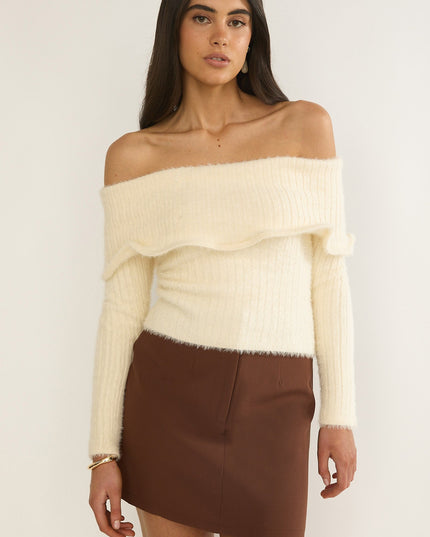 Cream Wide Ruffle Off-Shoulder Top