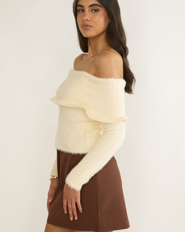 Cream Wide Ruffle Off-Shoulder Top