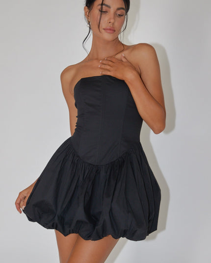 Black Strapless Bubble Hem Mini Dress