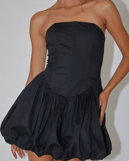 Black Strapless Bubble Hem Mini Dress