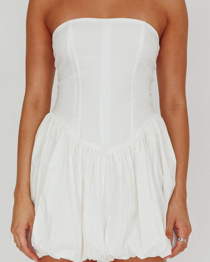 White Strapless Bubble Hem Mini Dress