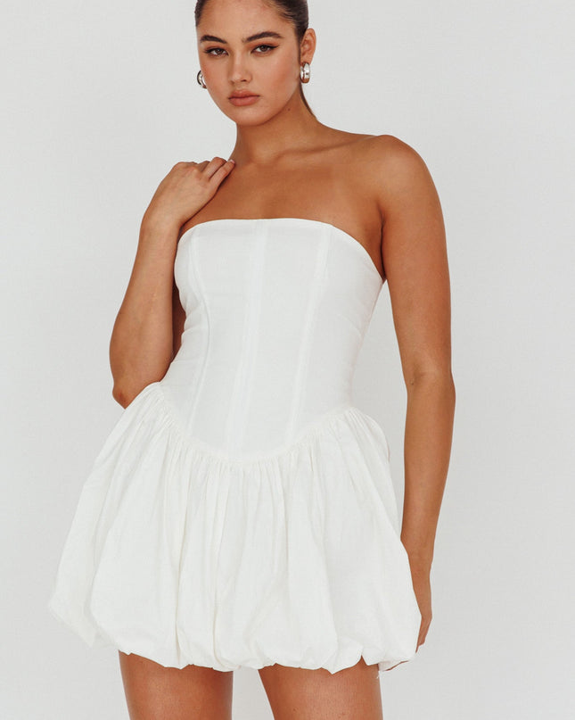 White Strapless Bubble Hem Mini Dress