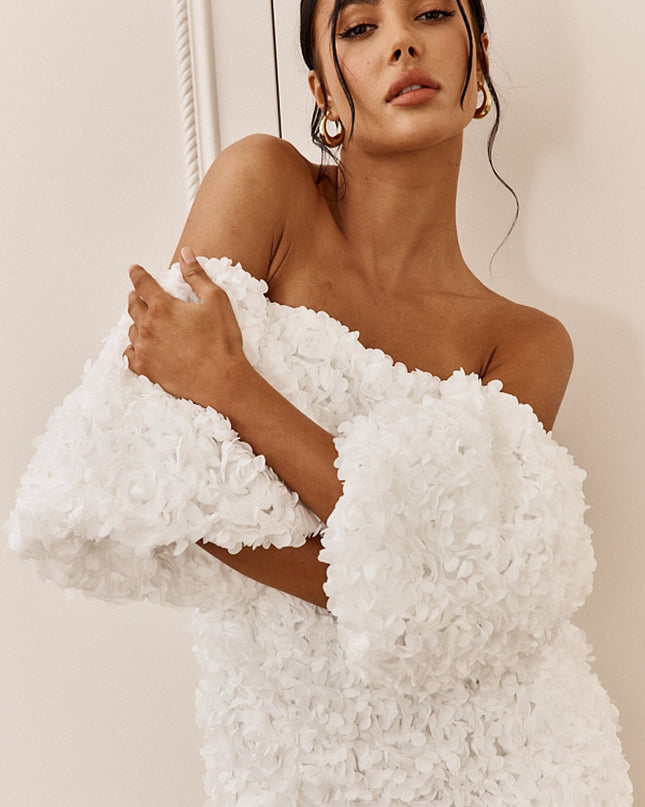 Off White Rose Off-Shoulder Embellished Mini Dress