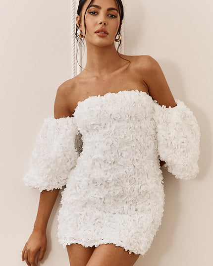 Off White Rose Off-Shoulder Embellished Mini Dress